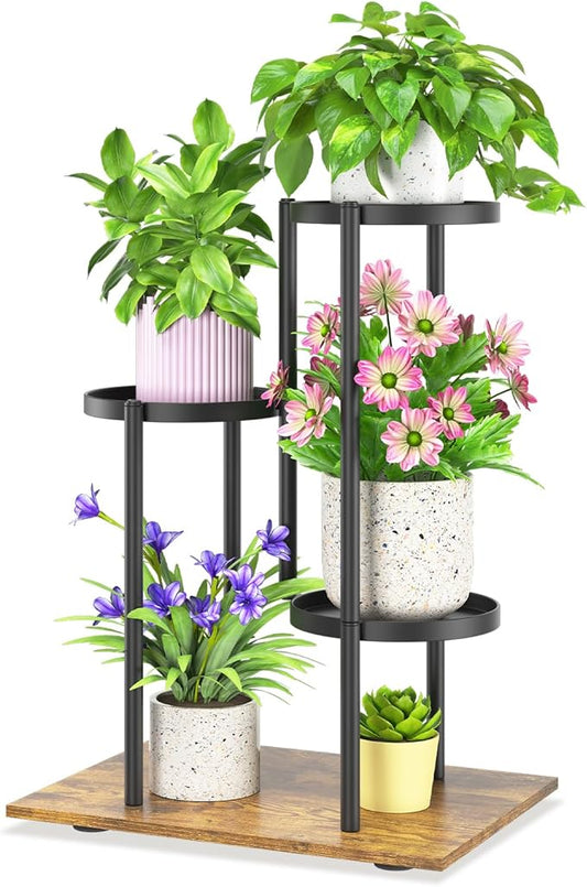 iDavosic.ly 3 Tier Plant Stand Indoor Outdoor, Tiered Corner Multiple Flower Pot Holder Shelf, Metal 23 Inch Tall Display Rack for Patio Porch Living Room Garden Balcony, Modern Black & Rustic Brown