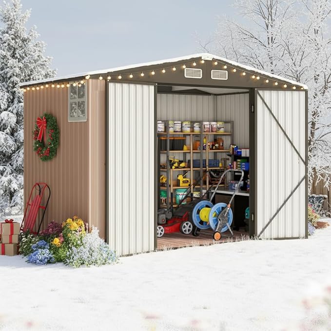 Quictent Heavy Duty 8X6 FT Outdoor Metal Storage Shed, Lockable Tool Shelter Waterproof Shed for Garden, Backyard, Lawn and Patio Scene with Combination Lock, Brown(8.2X5.8 FT Base, No Floor)