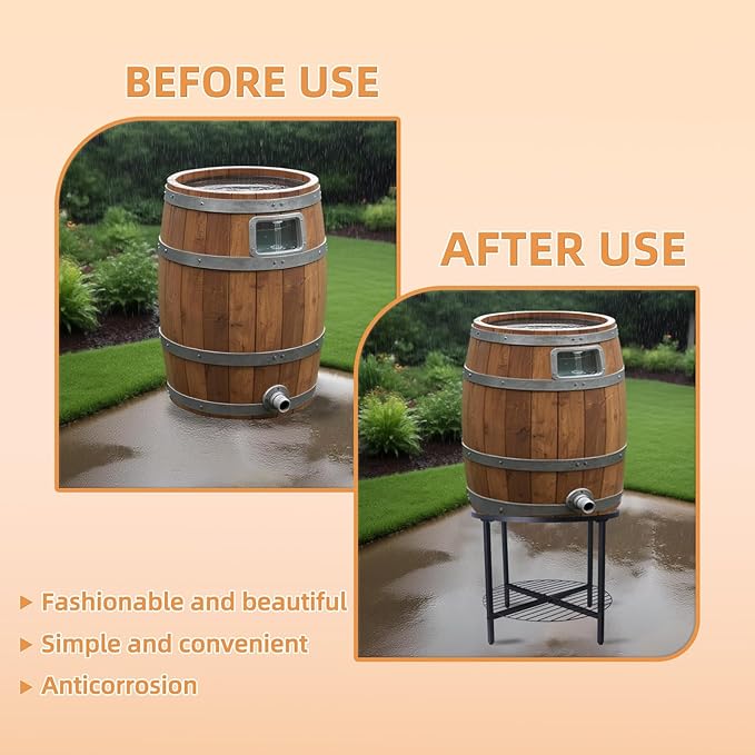 2-Tier Rain Barrel Stand – Base Only, Outdoor Heavy-Duty Rain Water Collection Barrel Stand with Rust-Proof Design & Ring Shelf, Fits 45/50/55-Gallon Plastic Round Rain Barrels (Black)