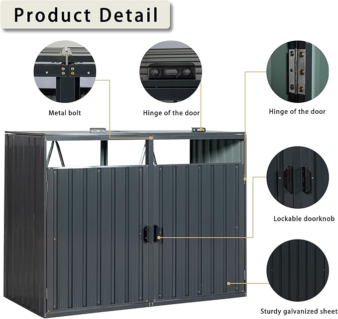 Garbage Bin Storage Shed for 2 Trash Cans Outdoor Metal Enclosure Charcoal Galvanized Steel Garbage Can Holder Hide Utility Bin Shelter Garden Yard