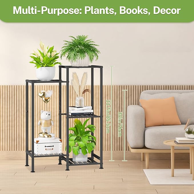 iDavosic.ly Indoor Plant Stand with Grow Light, Metal 5 Tier Corner Flower Holder Shelf Outdoor for Large Pots, Tall Rack for Patio Porch Balcony Living Room, Black