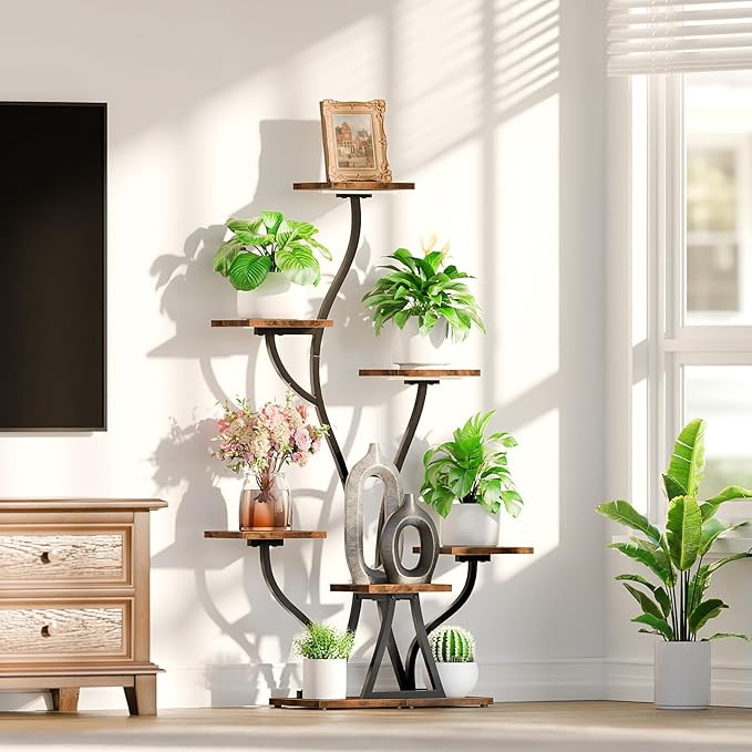 Plant Stand Indoor with Grow Lights, 7 Tiered Indoor Plant Shelf, Corner Plant Stands for Indoor Plants, Metal Plant Shelf Flower Display, Seaweed-Shaped Plant Rack for Living Room, Patio, Black
