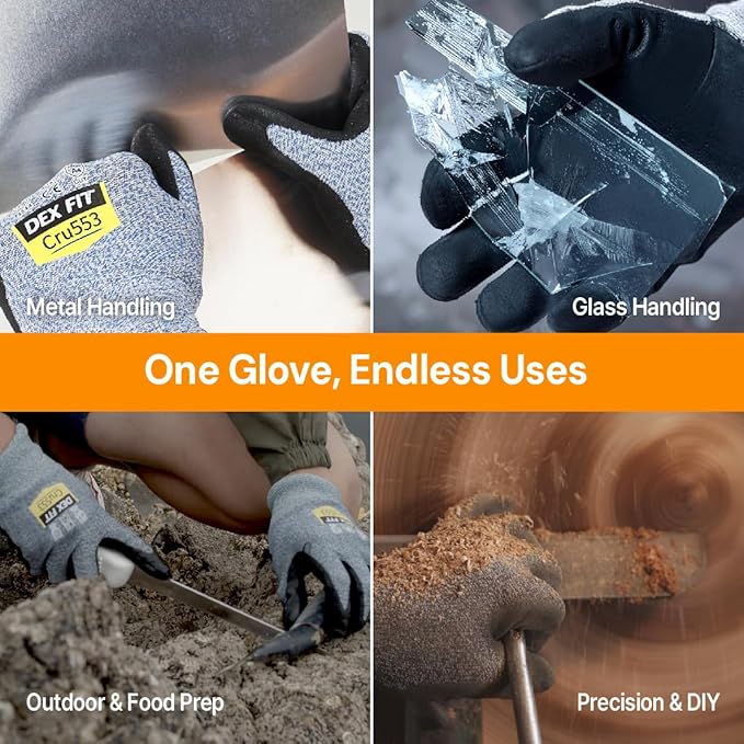 DEX FIT Level 5 Cut Resistant Gloves Cru553, 3D-Comfort Fit, Power Grip, Professional, Durable, Touchscreen, Thin, Cool