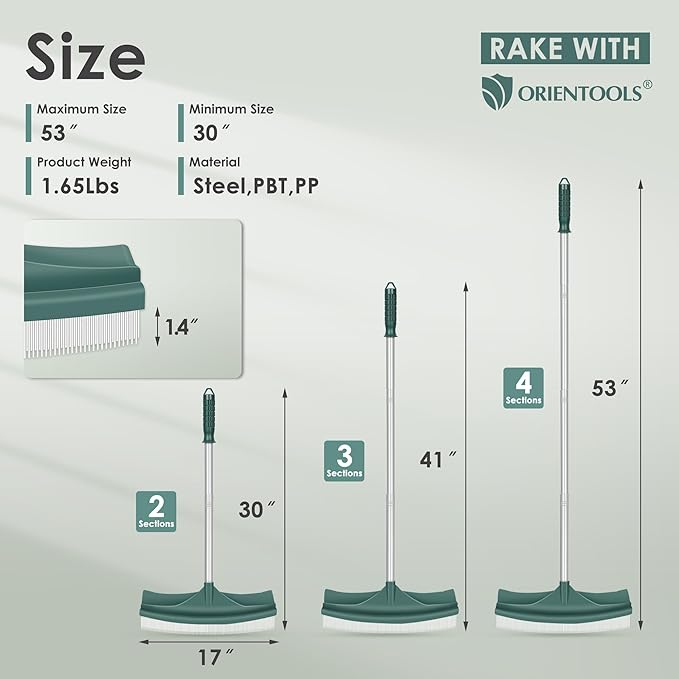 ORIENTOOLS Artificial Turf Rake, Curved Grass Rake with 4-Section Adjustable Steel Handle from 30" to 53", Hand Telescopic Brush, for Artificial Turf, Patios, Carpets, Pet Hairs and Garden Lawn Clean