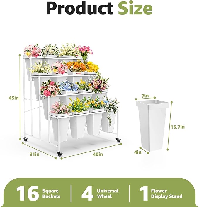 4 Layers Flower Display Stand with Buckets, 16 PCS Buckets Plant Stand with Wheels, Movable Metal Plant Stand for Terrace Garden, Living Room, Florist Shop