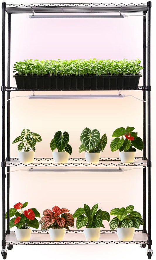VEVOR Plant Shelf with Grow Light, 4-Tier Indoor Plant Stand, 59in Tall Plants Display Rack with Wheels, 90W 3-Color Full Spectrum Grow Lights, Heavy Duty Metal Flower Pot Holder for Seed Starting