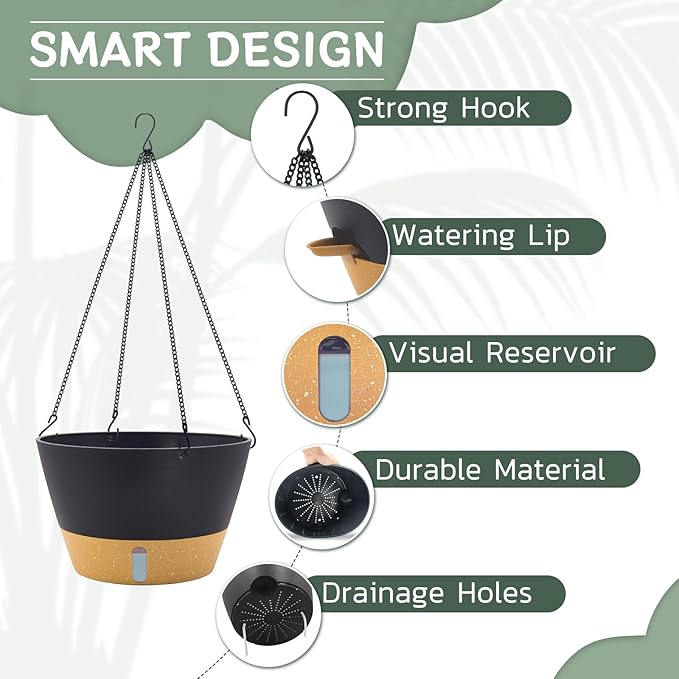 ZMTECH 12 Inch Large Hanging Planters for Outdoor Plants, Self Watering Hanging Planter with Visual Reservoir, Hanging Baskets for Plants Indoor with Drainage Hole and Plant Hanger(3 Pack, Gray)