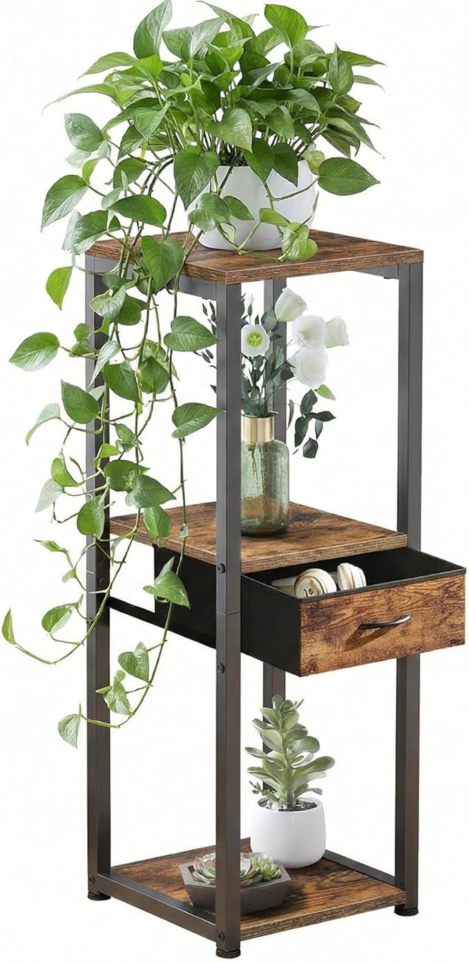 3 Tier Tall Plant Stand with Fabric Drawer , Corner Plant Stands for Indoor Plants Multiple, Small Side Table for Indoor Plants