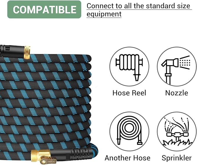 Non-Expanding Garden Hose 100ft,flexible, lightweight hose is resistant to kinks and tangles.With 10-way nozzle, strong 3/4” metal fittings, and a shut-off valve.