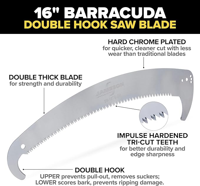 Jameson 16" Tri-Cut Double-Hook Saw Blade - Precision Cutting for Larger Branches, Fits Pole Saw Heads, Hard-Chrome Plated with Impulse Hardened Teeth for Long Life