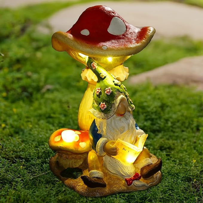 Christmas Gnomes Outdoor Statue Gnome Reading Under Mushroom with 5 LED Solar Figurine for Lawn,Patio,Balcony,Yard Decor Unique for Grandfather, Father,Grandma,Wen