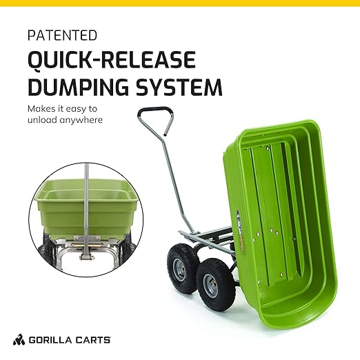 Gorilla Carts Poly Garden Dump Cart, 4 Cu Ft Tub, 600 lb Haul Capacity, Green – Heavy-Duty Utility Wagon with Quick-Release Dumping & Pneumatic Tires for Yard, Landscaping and Gardening