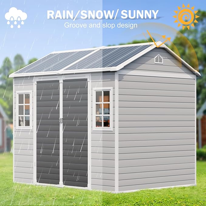 CDCASA 8x6 FT Resin Storage Sheds with Floor, Waterproof Large Outdoor Sheds and Adjustable Openable Windows,Outside Plastic Tool Shed for Backyard Garden Patio Lawn