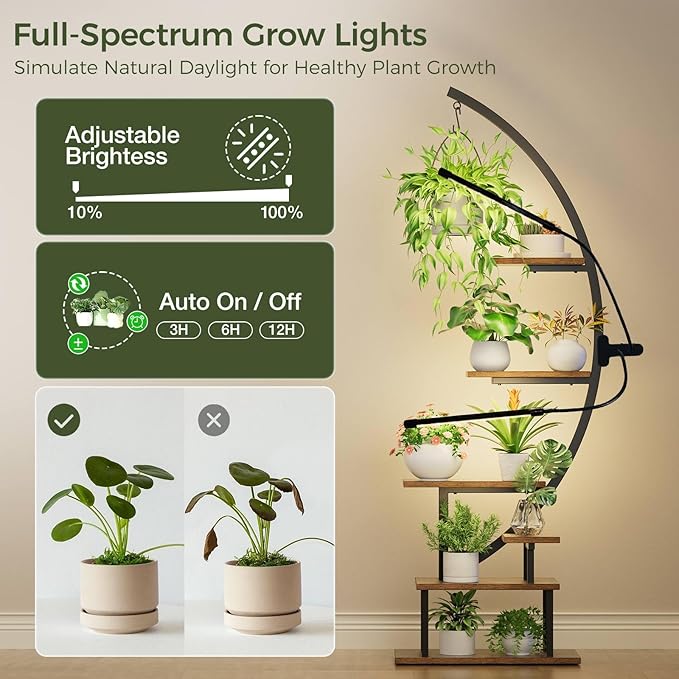 GREENSTELL Plant Stand Indoor with Grow Light, 7-Tiered Tall Metal Plant Stand for Indoor Plants, Half-Moon Shape Display Shelf for Living Room, Balcony, Patio, Black (2 Pack)
