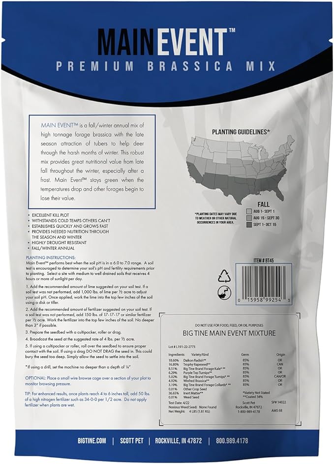 Big Tine Food Plot Mix, Deer Attractant, Main Event, Premium Brassica Mix, 4 lbs Bag, Fall/Winter Annual, Excellent Kill Plot, Drought Resistant