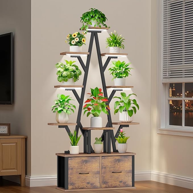 Plant Stand Indoor with Grow Lights - 10 Tiered Plant Shelf with 2 Removable Drawers, 65" Tall Plant Shelf with Grow Light Holds 13 Pot Plants, Christmas Tree Shaped Plant Stand for Home, Living Room