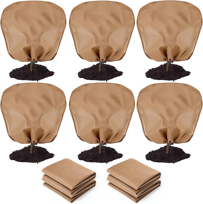 6 Pcs Winter Plant Covers Freeze Protection Reusable Plant Protector Bag with Drawstring Warm Shrubs Cover Frost Protection Planting Jacket Bags for Outdoor Garden, Brown (39.4 x 39.4 Inch)
