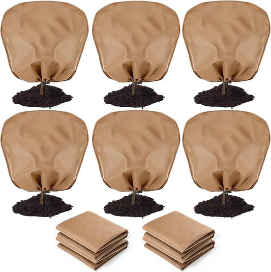 12 Pcs Winter Plant Covers Freeze Protection Reusable Plant Protector Bag with Drawstring Warm Shrubs Cover Frost Protection Planting Jacket Bags for Outdoor Garden, Brown (39.4 x 39.4 Inch)