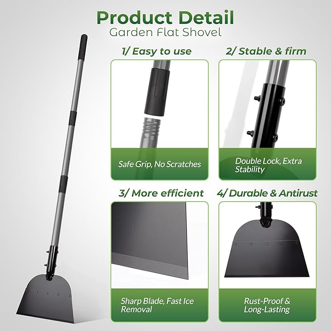 Walensee Metal Snow Shovel 54”, Heavy Duty Floor Scraper & Ice Scraper, Flat Shovel for Driveway Sidewalk Garden Deck, Manual Push Plow for Snow Ice & Weed Removal, Back-Friendly Tool for Seniors