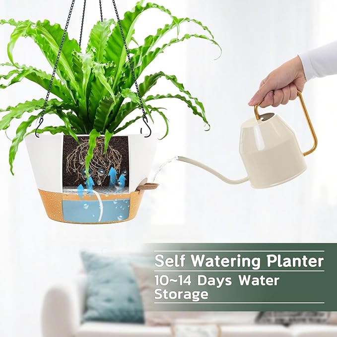 ZMTECH 12 Inch Hanging Planters for Indoor Plants, 2 Pack Self Watering Hanging Planter with Visual Reservoir, Hanging Pots for Plants Outdoor with Drainage Hole and Plant Hanger(2 Pack, White)