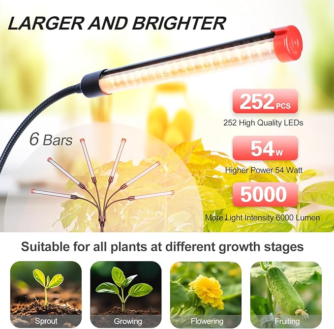 6-Head Table Top Grow Lights for Indoor Plants, Seed Starting, Bonsai with Timer, 54W Power Home Plug, FECiDA 2025 Full Spectrum Plant Growing Lamps, 16"-24" Height Adjustable