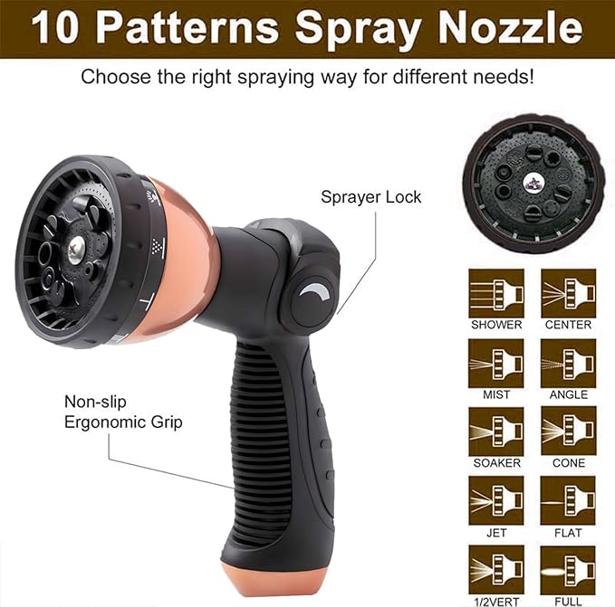 100FT Expandable Garden Hose - with 10-Function Spray Nozzle - Lightweight, Flexible, 3/4" Solid Brass Fittings-champagne