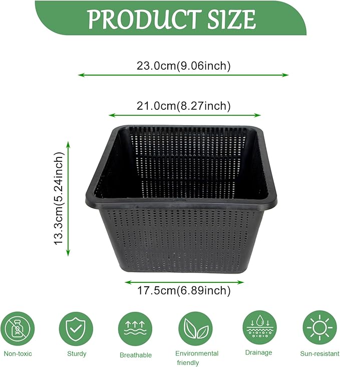 HG9SQBK 9-Inch Square Aquatic Plant Baskets - 8 Pack Durable Black Plastic Mesh Pond Containers for Live Aquarium Plants, Pond Planting & Hydroponic Pots