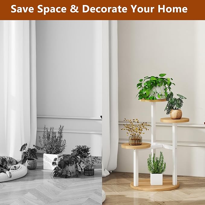 IBUYKE 4 Tier Plant Stand Indoor, Metal Wood Plant Shelf for Multiple Plants, Small Tiered Corner Flower Pot Stand for Living Room Patio Balcony Garden, White TMJ073R