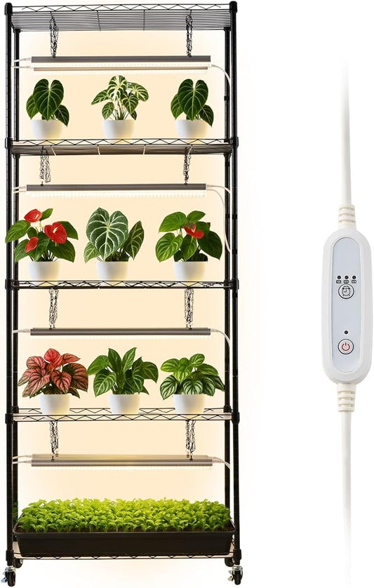 VEVOR Plant Shelf with Grow Light, 6-Tier Indoor Plant Stand, 71 in Tall Plants Display Rack with Wheels & 4/9/14H Timer, 80W T5 LED Full Spectrum Grow Lights, Flower Pot Holder for Seed Starting