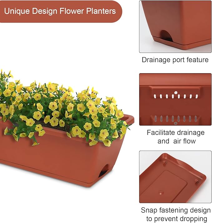 HOXHA Window Box Planter, 6 Pack 17inch Plastic Vegetable Flower Planter Boxes with Tray, Indoor Outdoor Flower Pots for Windowsill, Patio, Porch, Garden Balcony, Brick Red