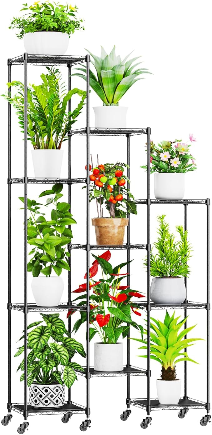 Abimars 74'' Tall Plant Stand with Wheels, Shelf Height Adjustable Metal Plant Shelf for 10 Potted Plants, DIY Assembly Indoor & Outdoor Plant Display Rack
