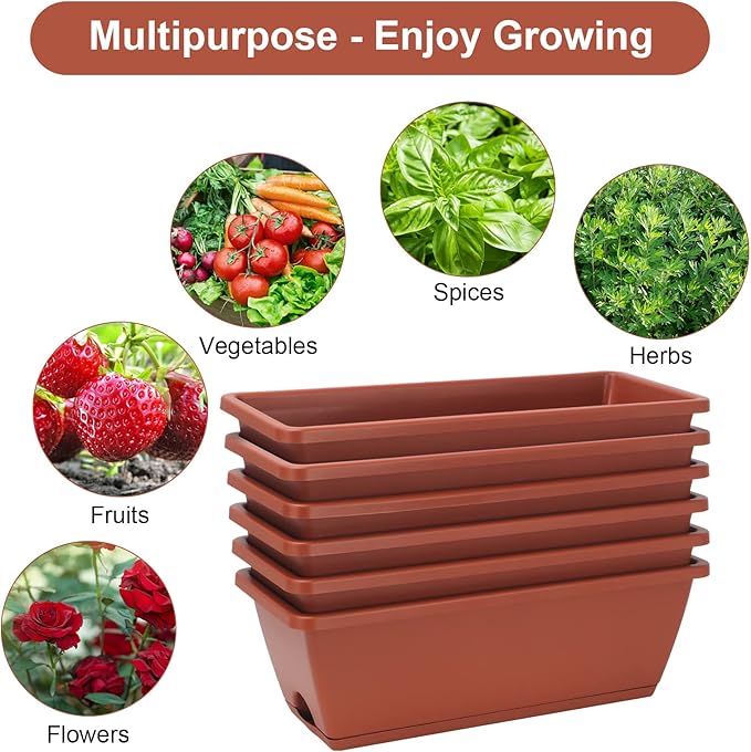 HOXHA Window Box Planter, 6 Pack 17inch Plastic Vegetable Flower Planter Boxes with Tray, Indoor Outdoor Flower Pots for Windowsill, Patio, Porch, Garden Balcony, Brick Red