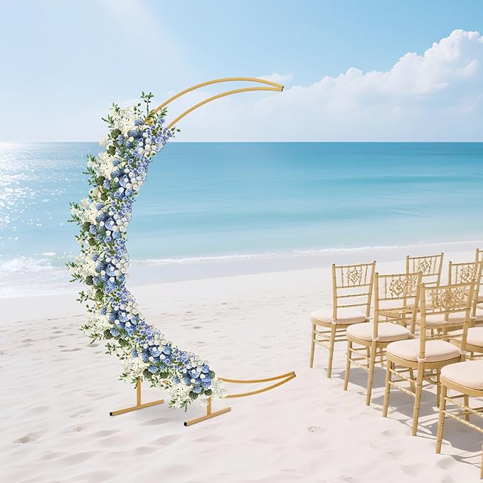Wedding Arch, 7ft Metal Crescent Moon Wedding Arch Stand, Curved Flower Balloon Frame Garden Arbors and Arches for Wedding, Valentine's Day, Christmas, New Year Decoration (Gold)