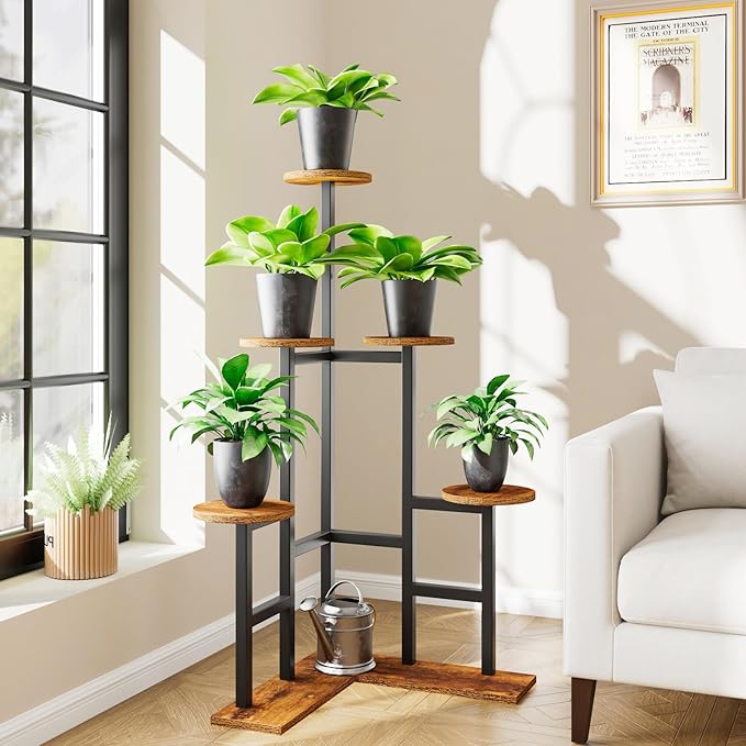 IBUYKE 6 Tier Plant Stand Indoor, Tall Flower Pot Stand for Multiple Plants, Tiered Corner Plant Shelf for Living Room Patio Balcony Garden, Rustic Brown TMJ072H