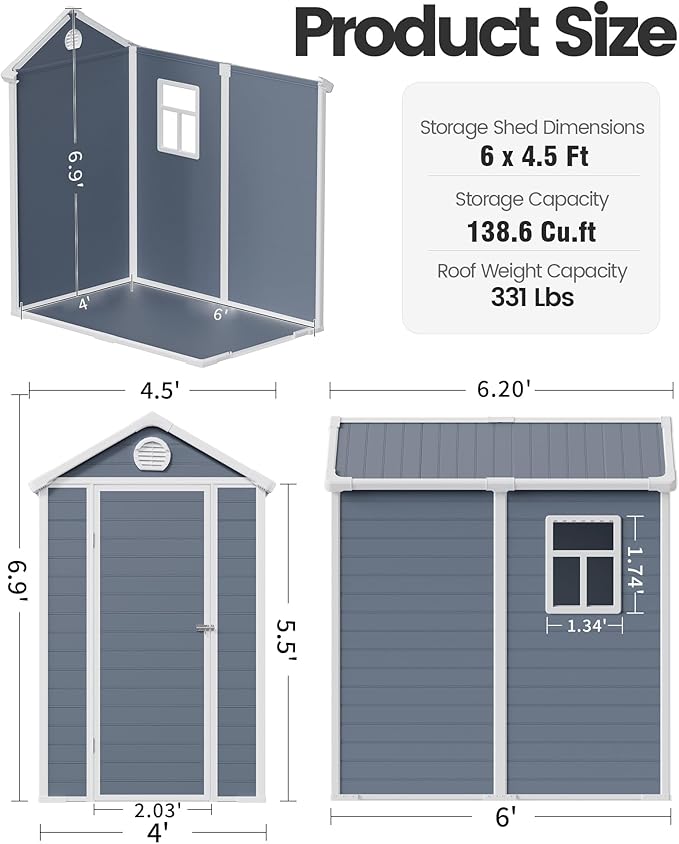 6x4.5 Large Outdoor Storage Shed with Floor, Spacious Tool Shed for Lawn Mower, Bike, and Patio Furniture, Includes Lockable Door and Ventilation, Dark Gray