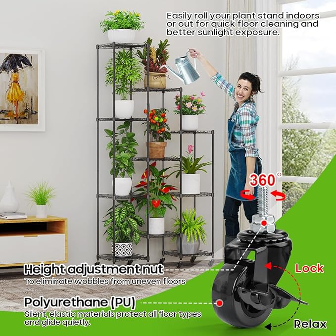 Abimars 74'' Tall Plant Stand with Wheels, Shelf Height Adjustable Metal Plant Shelf for 10 Potted Plants, DIY Assembly Indoor & Outdoor Plant Display Rack