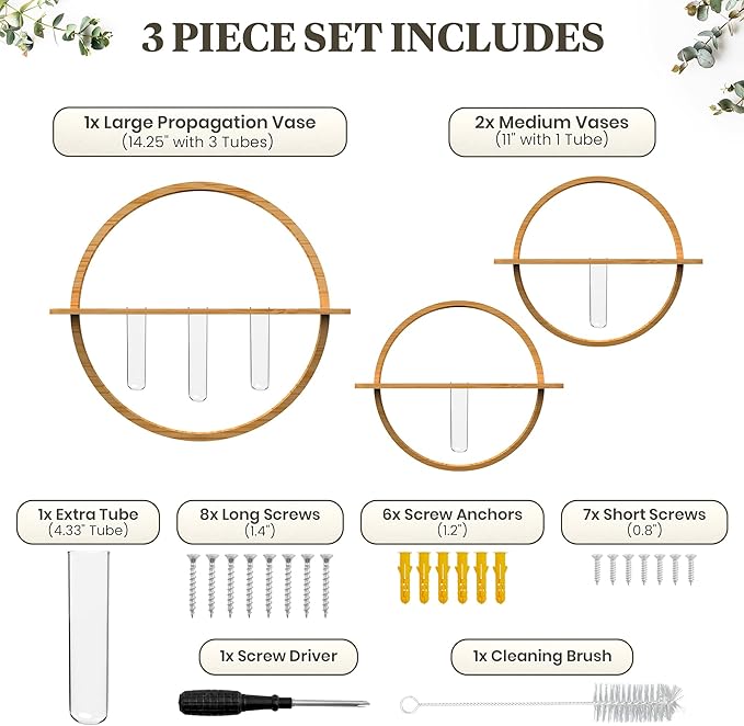 Plant Propagation Stations - Set of 3 Bamboo Wall Planters for Indoor Plants with 5 Glass Plant Propagation Tubes | Propagation Vases for Plants | Aesthetic Plant Wall Decor