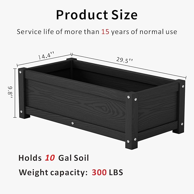 HDPE Raised Planter Box Outdoor,Rot-Resistant and Non-Cracking,Raised Beds for Gardening 29.5 * 14.4 * 9.8 in for Yard,Lawn,Outdoor Planter Boxes Rectangle with Drainage Holes Black