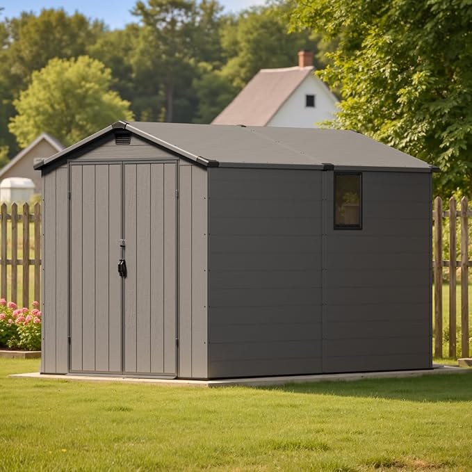 Patiowell 6x10FT Outdoor Storage Shed with Floor, Plastic Resin Garden Shed with Lockable Door, Windows, Weather-Resistant for Lawn Mower, Tool & Backyard Storage (Dark Grey)