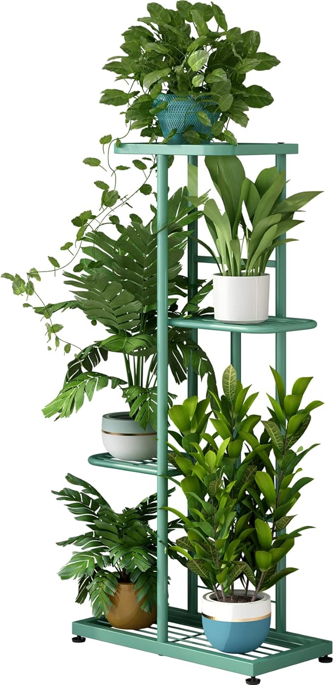 LINZINAR Metal 4 Tier 5 Potted Indoor Outdoor Plant Stand Shelf Planter Display for Patio Garden Corner Balcony Living Room