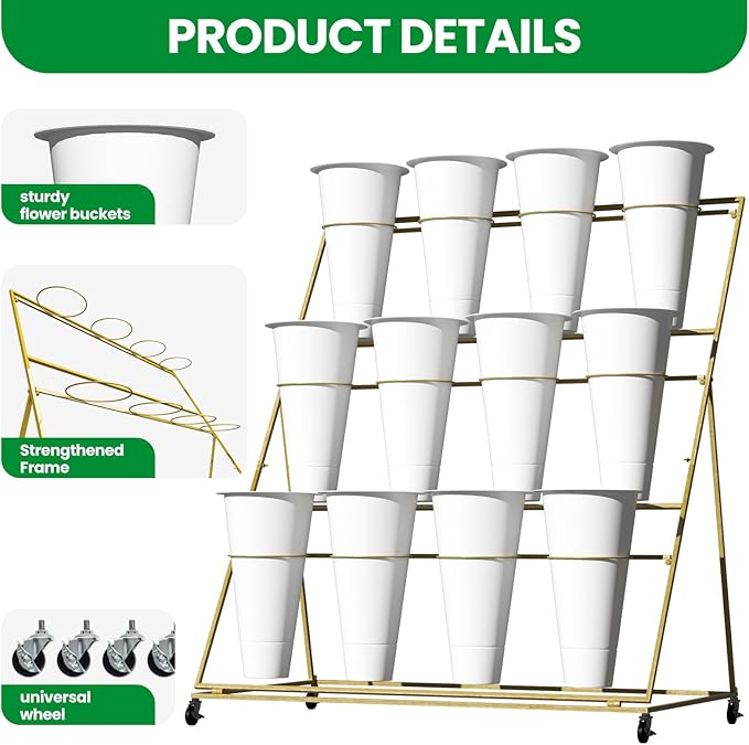 Flower Display Stand, 3 Layers Plant Stand with 4 Wheels and 12 Large Capacity Round Buckets, Easy to Install, Moving Bouquet Shelf for Indoor & Outdoor, Wedding, Hotel, Florist, Garden (3 Layers Golden White)