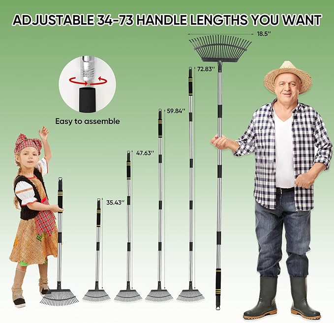 Rake Heavy Duty 6FT Long Garden Rake , 18.5 Inch Wide, 25 Metal Tines, Adjustable Stainless Steel Handle, Leaf Rakes for Leaves, Yards, Grass, Garbage, Weeds, Debris (Black)