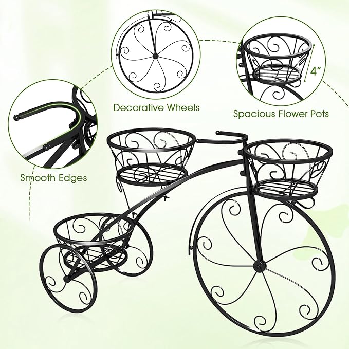 Tricycle Plant Stand, 3-Tier Metal Plant Stand Bicycle Flower Pot Cart with Hollowed Baskets, Planter Potted Holder for Patio, Garden, Deck, Lawn (Black)