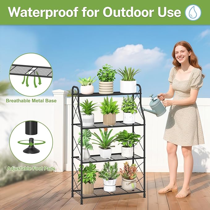 iDavosic.ly 4 Tier Plant Stand Indoor, Metal Tiered Corner Flower Display Holder Shelf Outdoor for Large Pots, Tall Rack for Patio Porch Garden Balcony Living Room, Modern Black