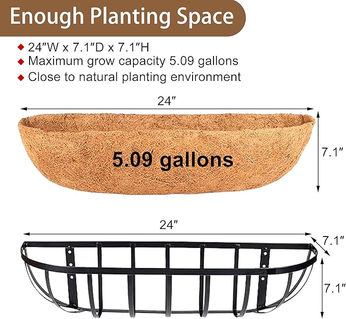 24 Inch Window Baskets with Coconut Liner Outdoor Wall Planter for Plants Long Window Flower Box for Porch Fence Patio Outdoor（2 Pack）