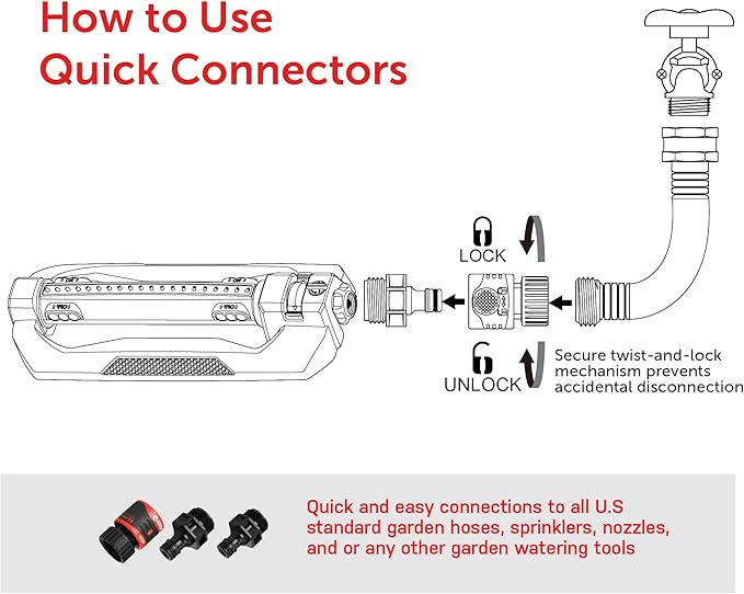 Eden 96216 Heavy Duty Metal 3-Way Oscillating Sprinkler for Large Lawn and Garden W/Quick Connect Starter Set