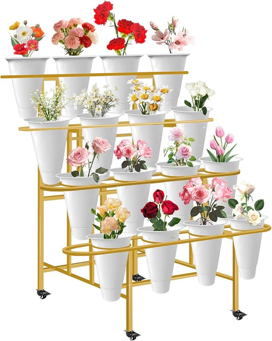 Floral Display Stand with 16 White Flower Baskets, 4-Layers Cart Display Stand with Wheels ,Sturdy Mobile Flower Bouquet Rack for Courtyard, Garden, Flower Shop, Living Room, Balcony, with Lockable Rotating Wheels (Gold)