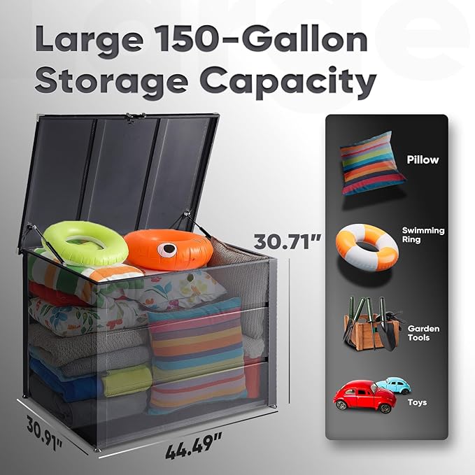 Quictent 150 Gallon Metal Deck Box, 20-Min Install, No Screws, 9X Faster Than Screwed, Waterproof Weather-Resistant Storage Bin, 660LBS Capacity for Patio/Garden/Poolside