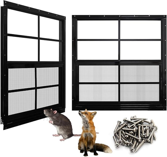 NeatiEase Upgraded Shed Windows 2 Pack, 24" x 36" Windows with Tempered Glass and Stainless Steel Screen for Shed, Chicken Coop, Playhouse, Household, Garage(Black)