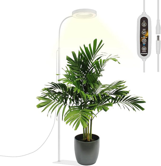 GLOWRIUM Grow Lights for Indoor Plants, Full Spectrum LED Grow Light Floor Lamp with Stand Adjustable Height and Angle, Black Plant Light with 3/9/12H Grow Light Timer (White, 20W)